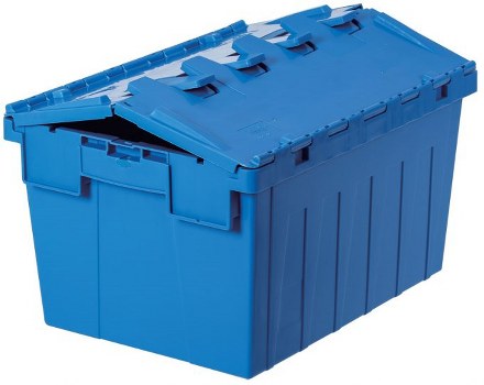 A large rectangular blue plastic rubbish bin with a slightly textured surface and vertical ridges on its sides, situated outdoors on a paved driveway or pavement. The bin's lid is partially open, revealing its hollow interior. The lid features a series of protruding clips and hinges along the back edge for secure closure, with a smooth finish matching the textured sides. The environment appears to be a typical residential or commercial area, with the bin positioned in a well-lit, outdoor setting possibly within Queens Park, suggesting its use by Business Waste Removal Queens Park for general rubbish collection. The background is plain, emphasizing the bin's sturdy construction and clean appearance, suitable for waste disposal tasks in the local area. The overall scene reflects proper rubbish containment and waste management practices common in the borough, subtly supporting local waste removal services.
