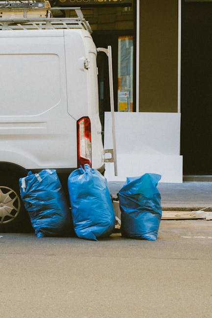The image displays the rear side of a white commercial van parked on a paved street in front of a building with large glass doors and windows. Positioned behind the van are three large blue rubbish ba
